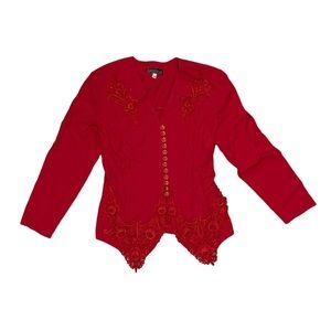 Unique Vintage Sophisticate Red Lace & Button-Up Shirt
